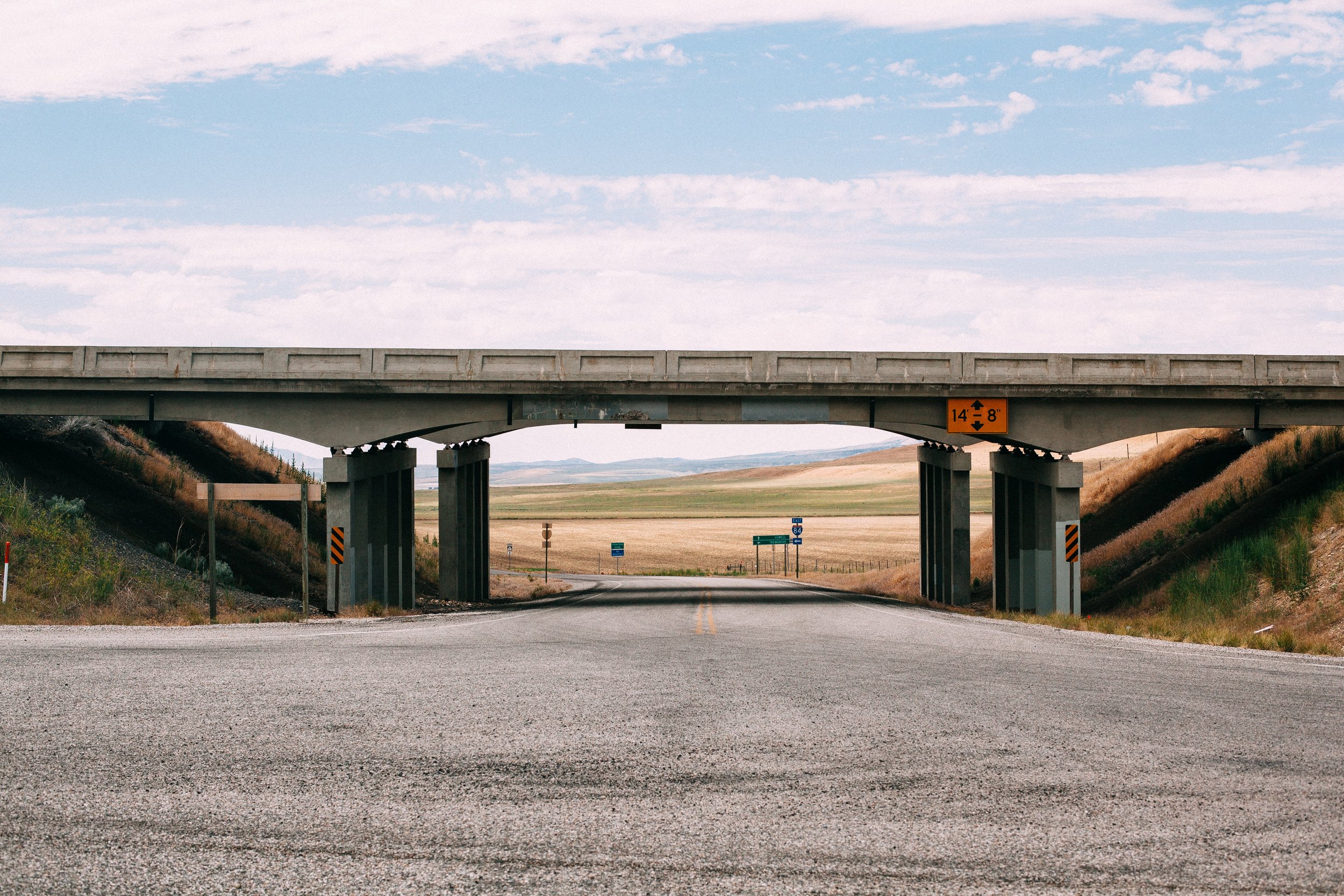 Empty paved road passing beneath a concrete overpass toward rolling fields and pale sky
