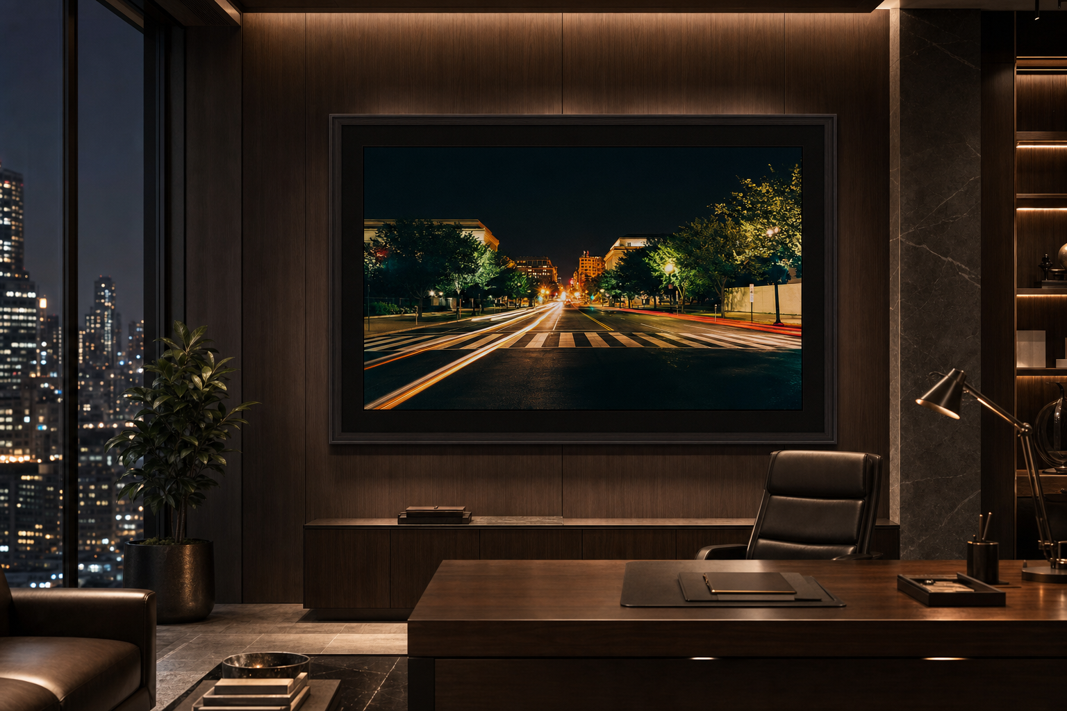 Electric Ave. displayed in a black frame inside a dark wood high-rise office at night