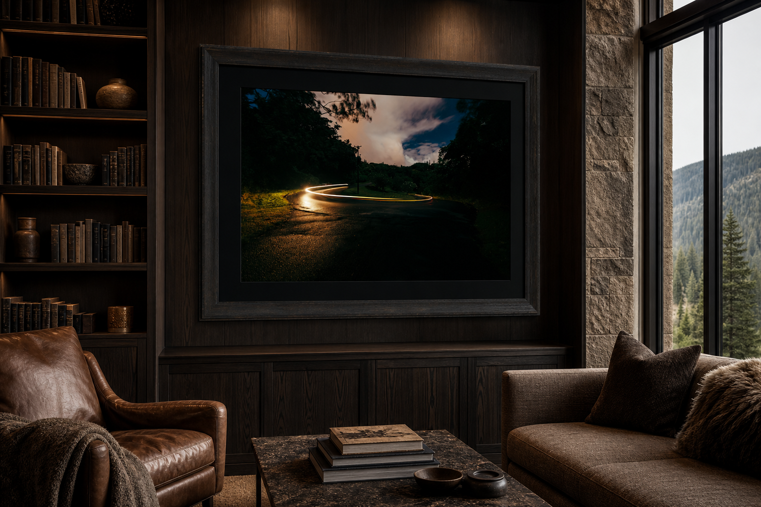 Round Top Switch Back displayed as a framed print in a dark mountain lodge library