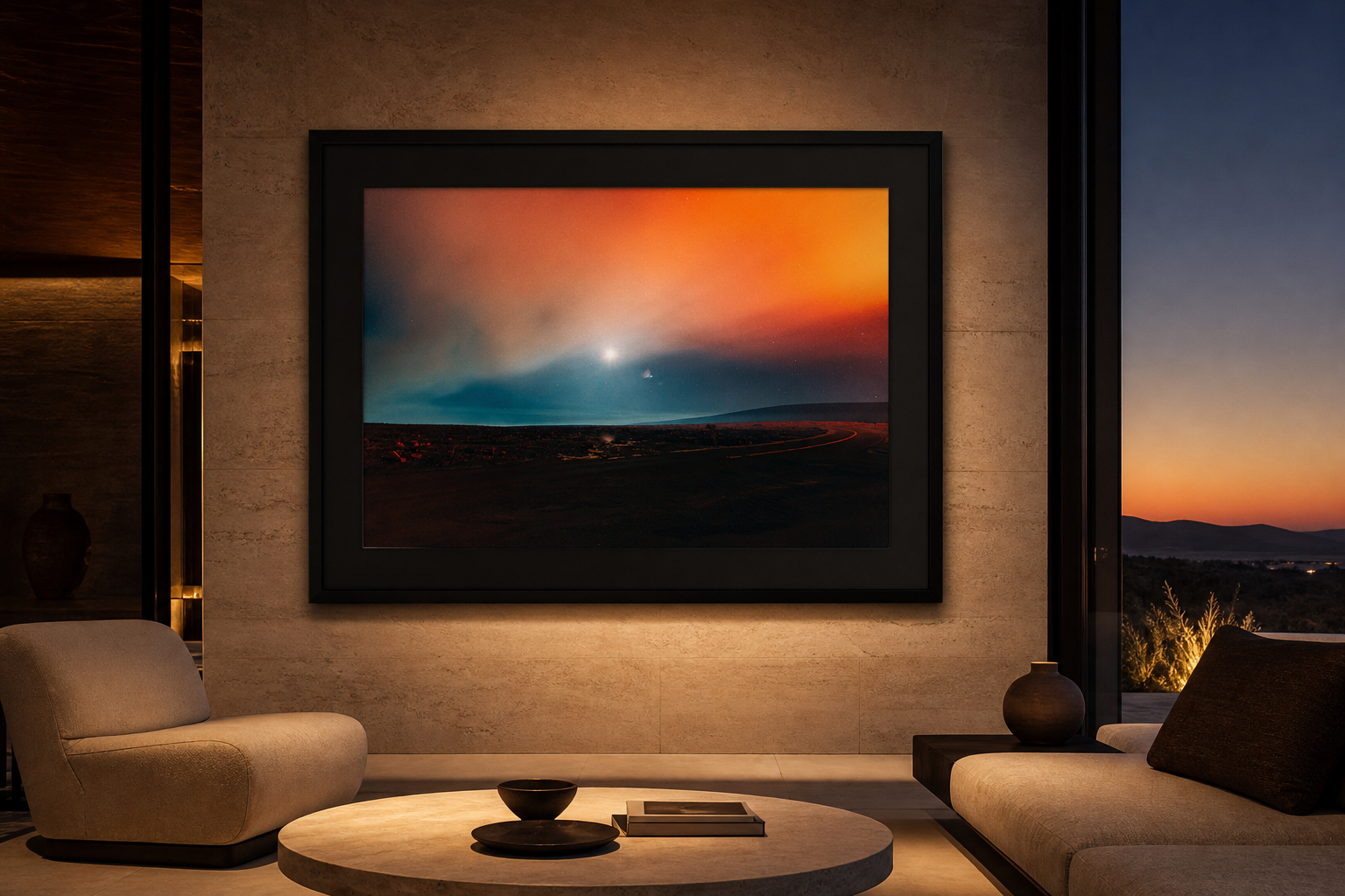 Guiding Light displayed in a black frame inside a warm contemporary resort lounge