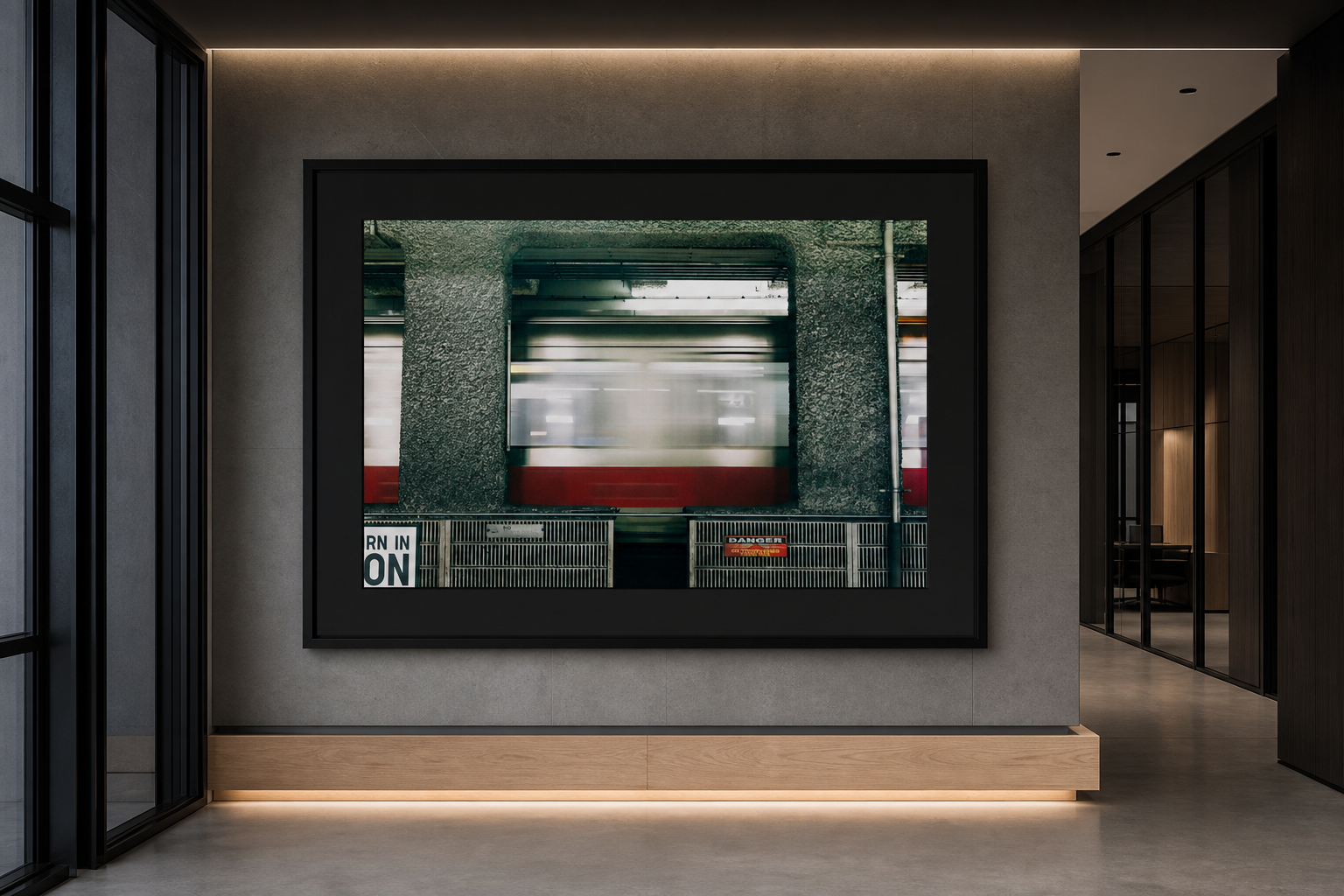 Redline Takeoff displayed in a wide black frame along a dark contemporary gallery corridor