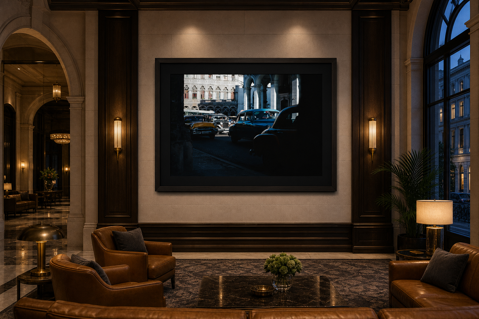 Timeline Confusion displayed in a black frame inside a grand luxury hotel lobby