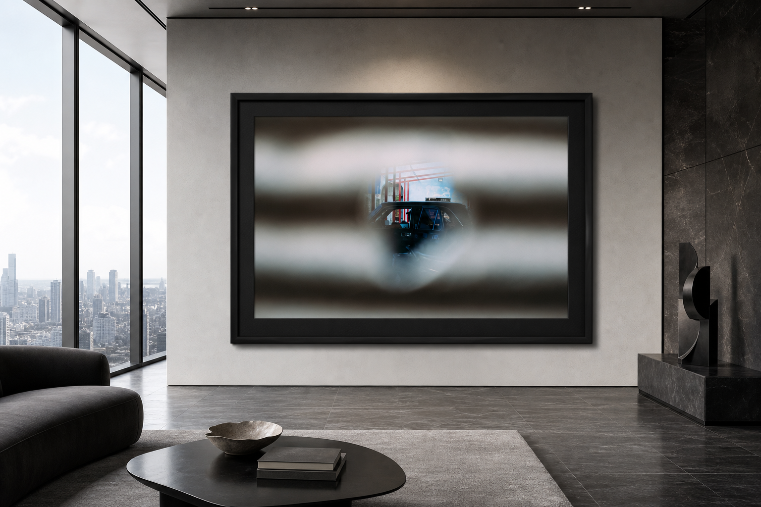 Cubano Curiosity displayed in a black frame inside a minimalist high-rise interior