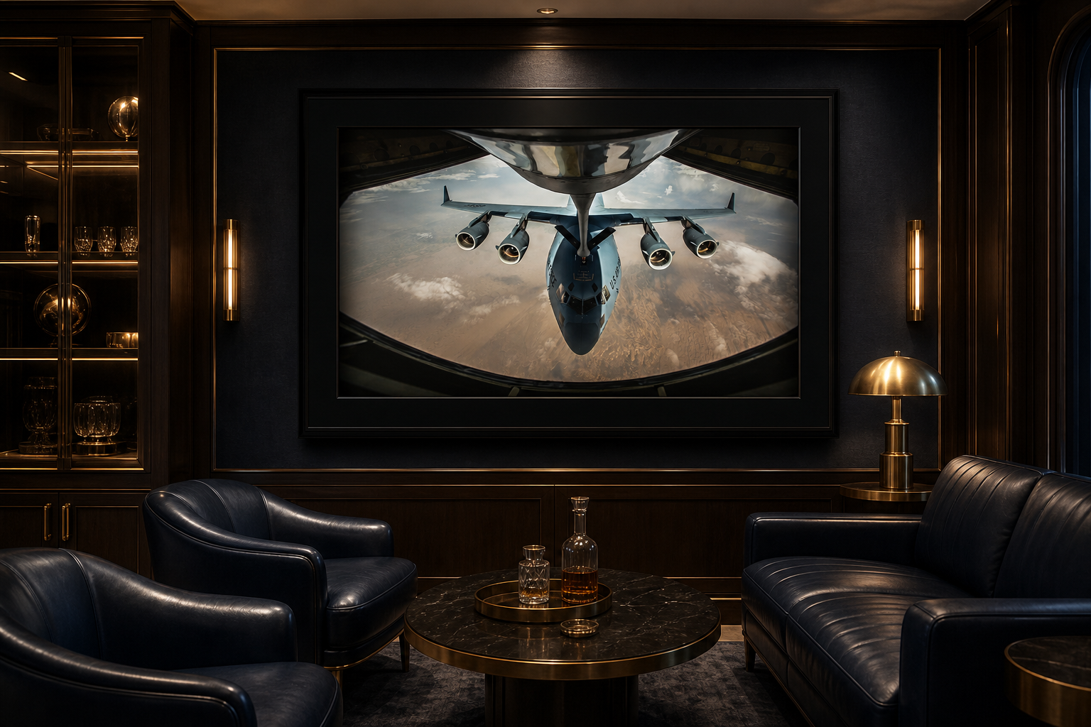 Elevated Alignment displayed in a wide black frame inside a private aviation lounge