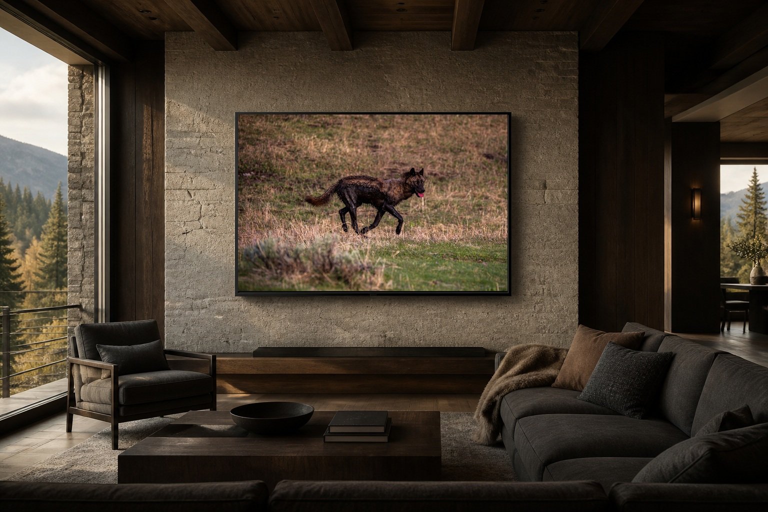 The Return displayed as a large framed wildlife print in a contemporary mountain lodge