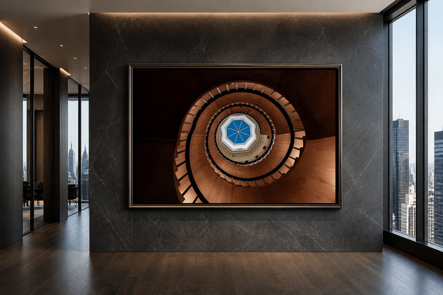 Higher Enlightenment displayed in a wide frame inside a contemporary high-rise gallery