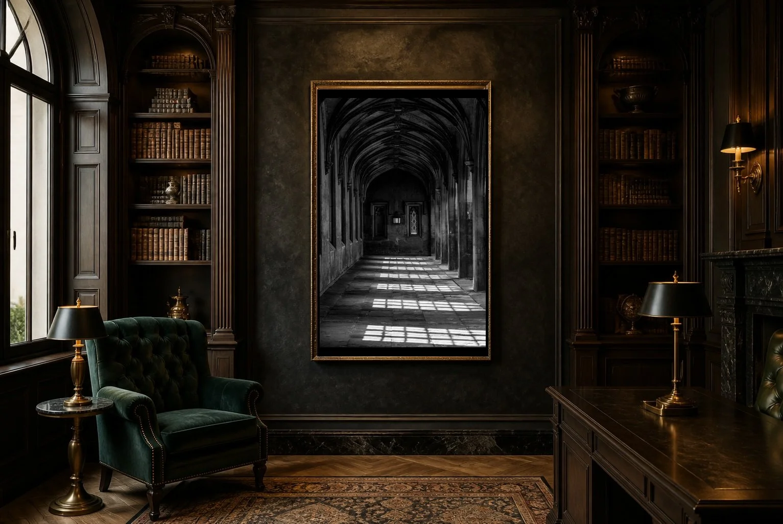 A Measure of Light & Dark displayed in a gold frame inside a dark wood library with a green armchair