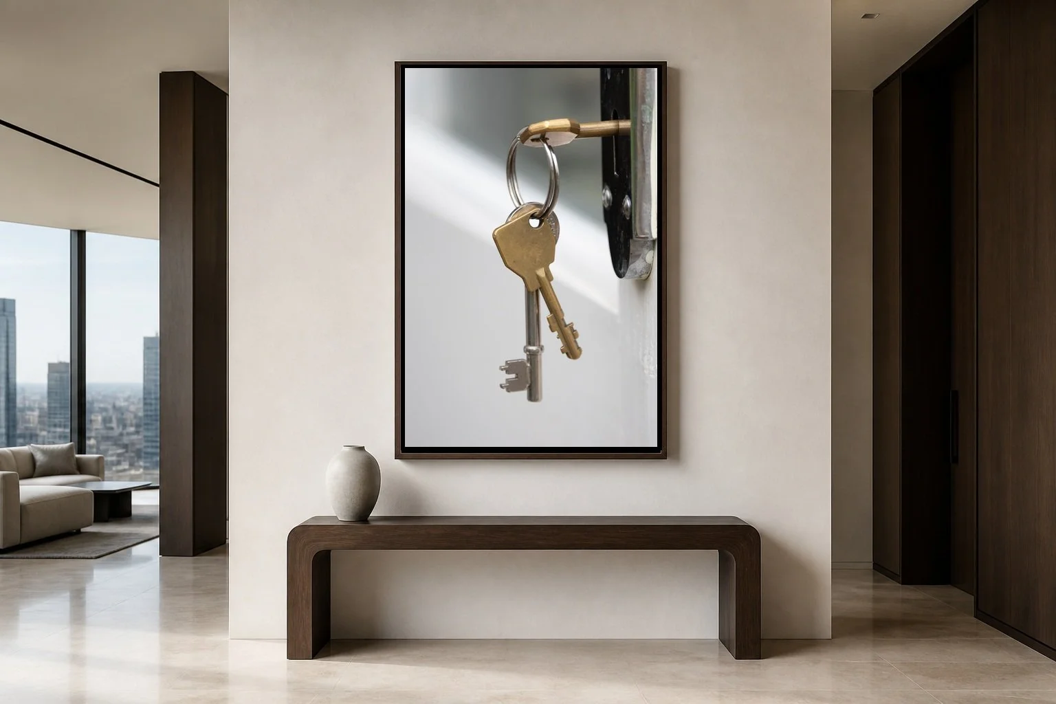 Three Keys displayed in a dark frame above a wood bench in a modern entry hall