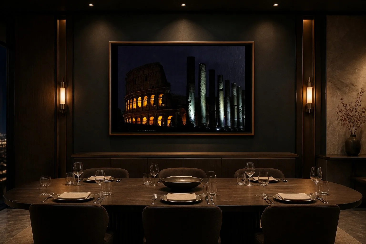 Remanants of an Empire displayed as framed art in a dark private dining room