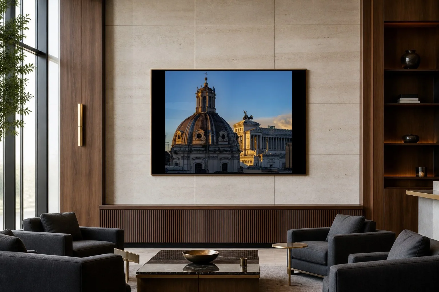 Sunrise on Victoria's Wings displayed in a black frame inside a modern high-rise lounge