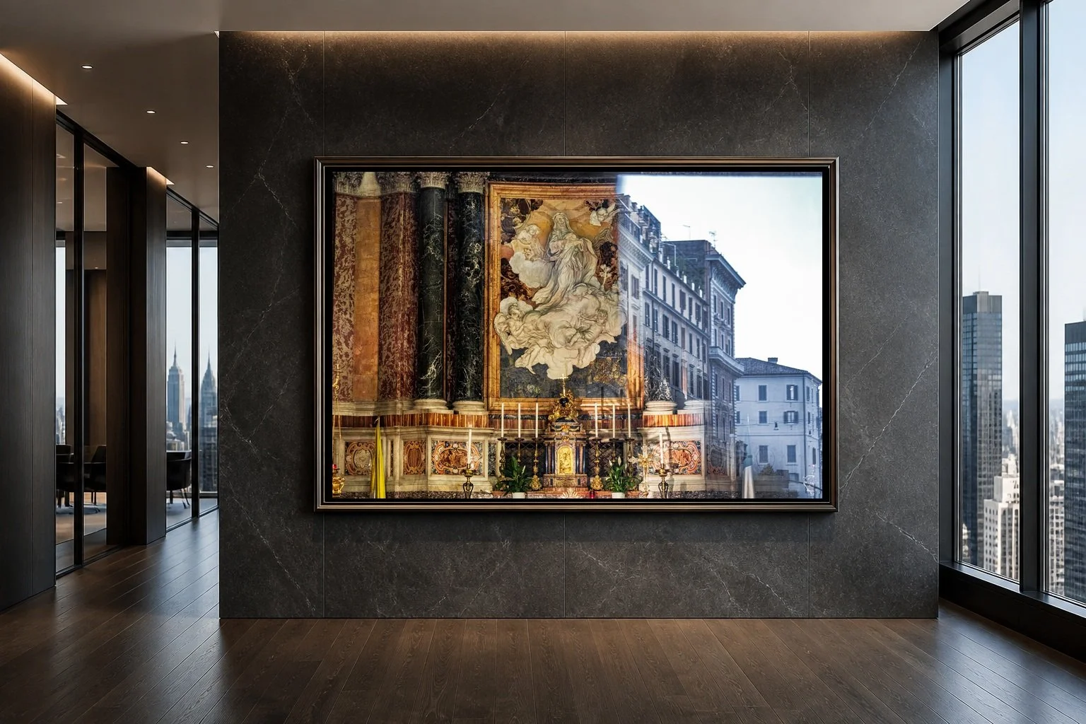 Sacred Reflection displayed as a large framed print in a contemporary high-rise gallery
