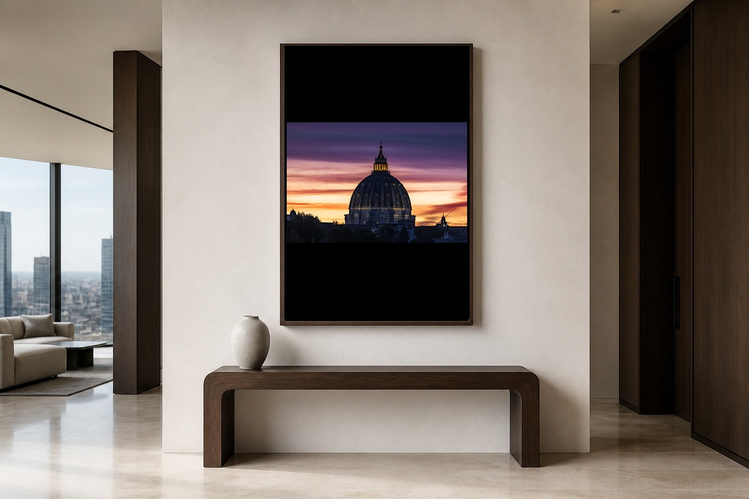 Dusk Benediction displayed in a black frame above a wood bench in a contemporary high-rise interior