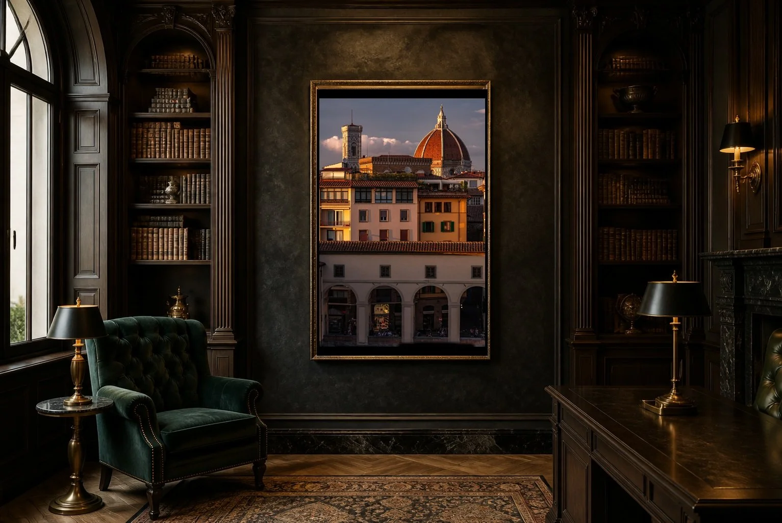Layers of Firenze displayed in a gold frame inside a dark traditional library with a green armchair