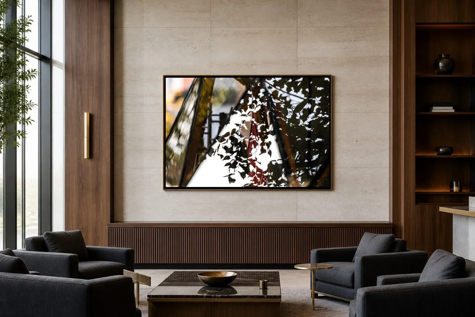 Autumn Signal displayed in a black frame inside a contemporary wood-paneled lounge