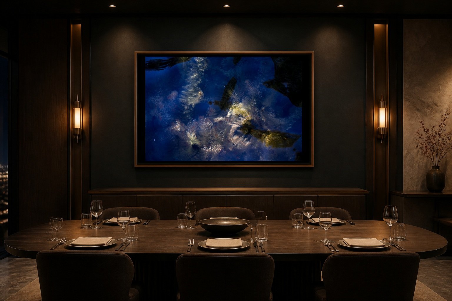 Reflective Renaissance displayed as framed art in a dark private dining room