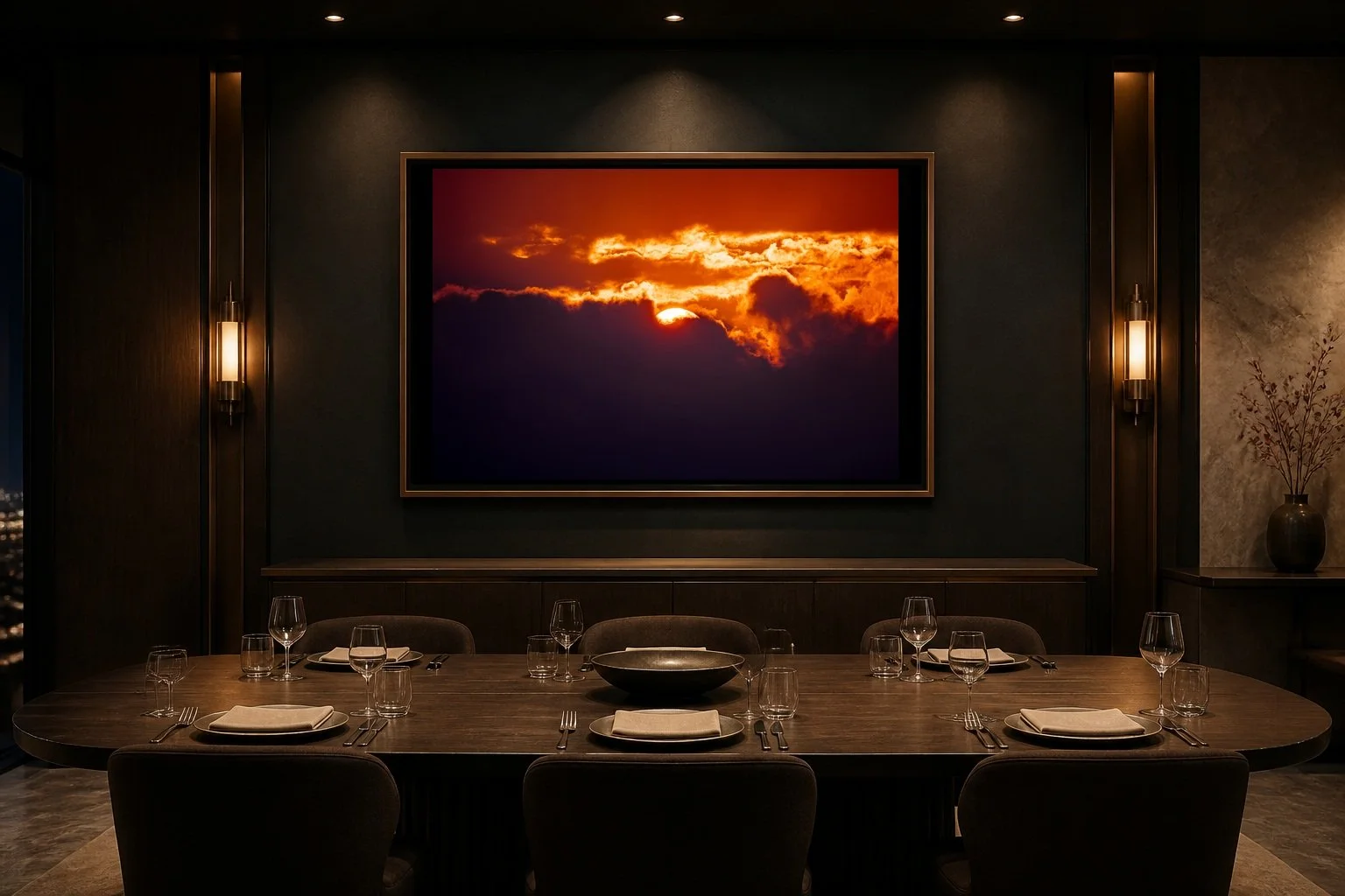 The Last Ember displayed in a dark frame inside an intimate private dining room