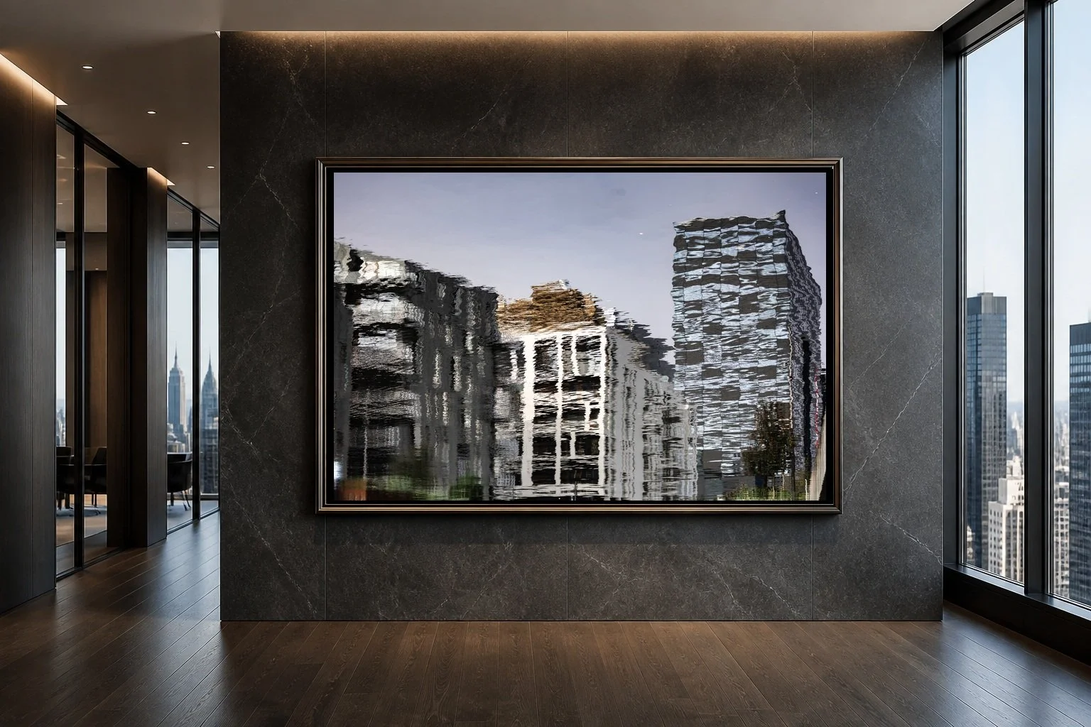 Resonance displayed as a large framed print in a contemporary high-rise gallery