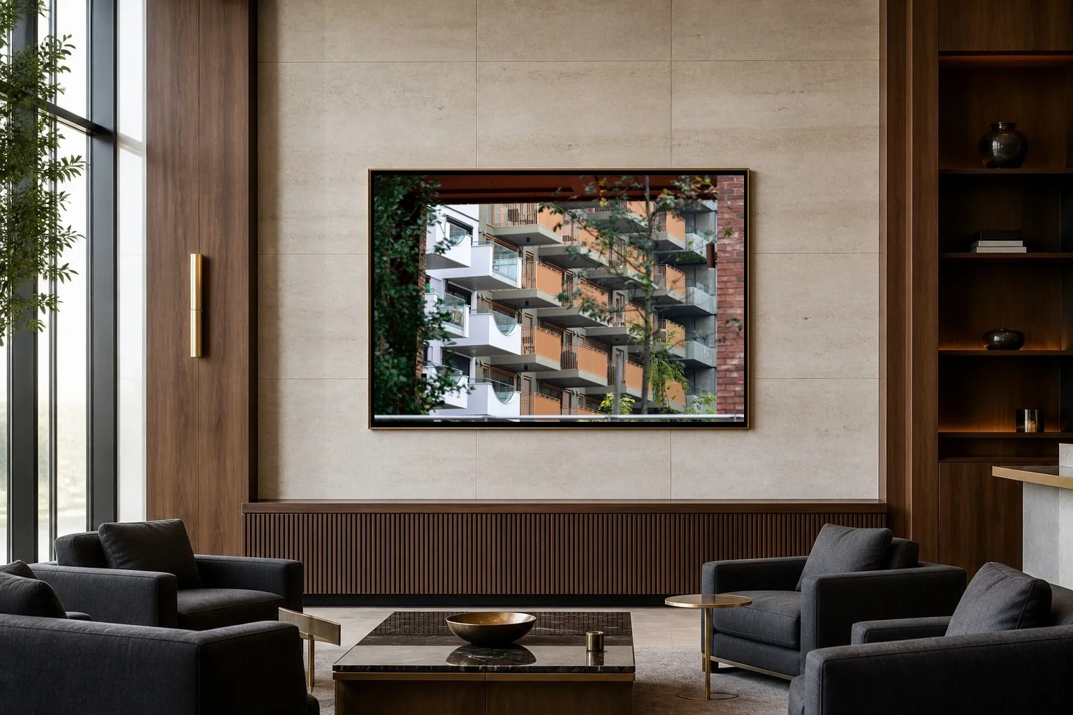 Pink Flamingo displayed in a black frame inside a contemporary stone and wood lounge