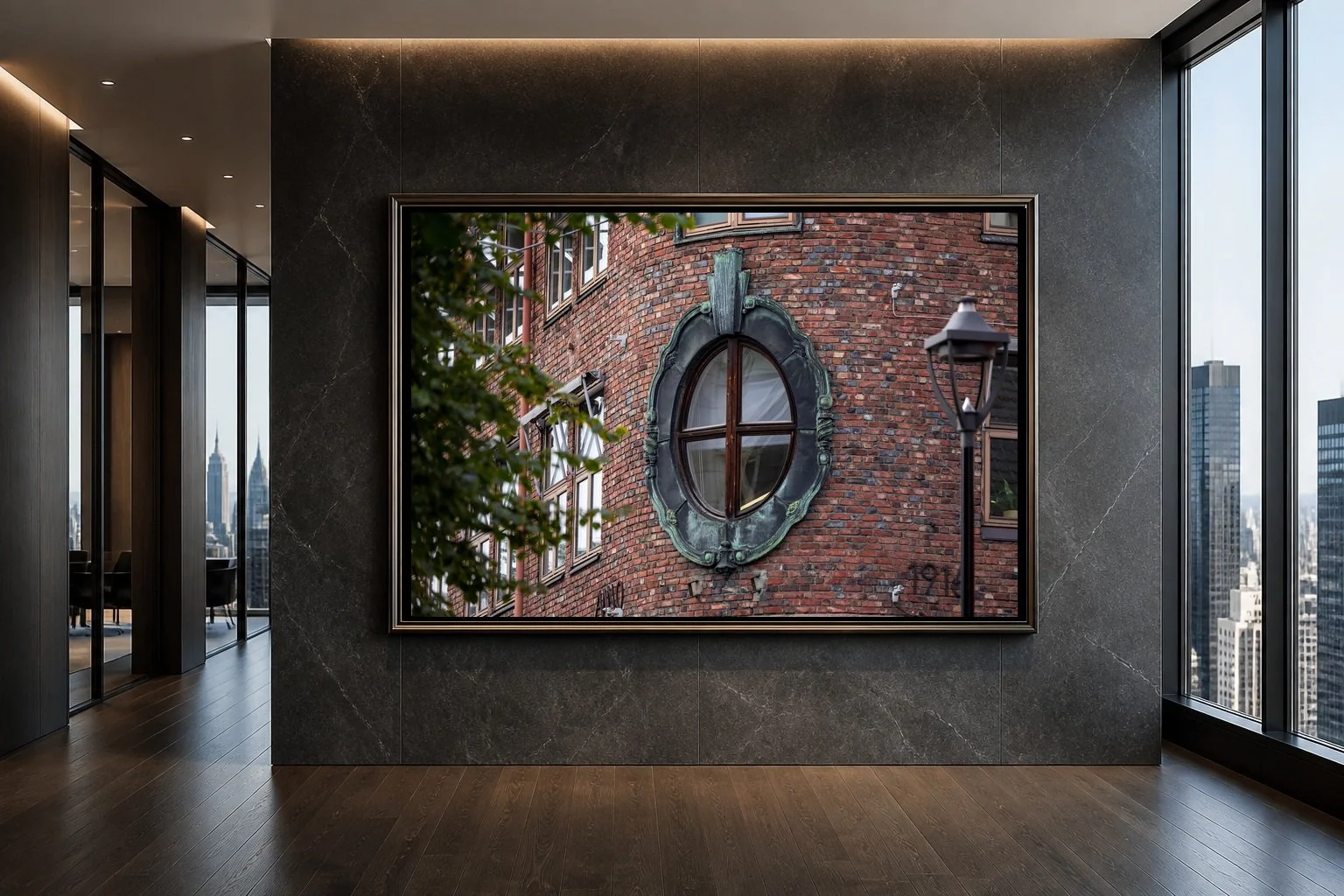 The Corner Window displayed in a dark frame inside a contemporary high-rise gallery