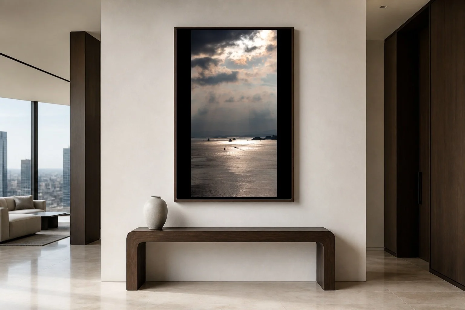Silver Passage displayed in a black frame above a wood bench in a high-rise interior
