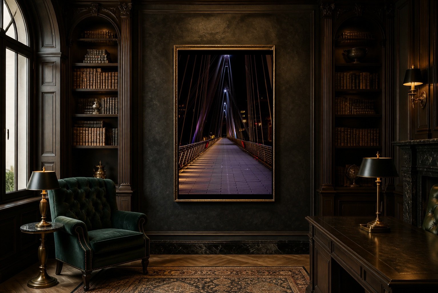 Electric Jubilee displayed in a gold frame inside a dark traditional library with a green armchair