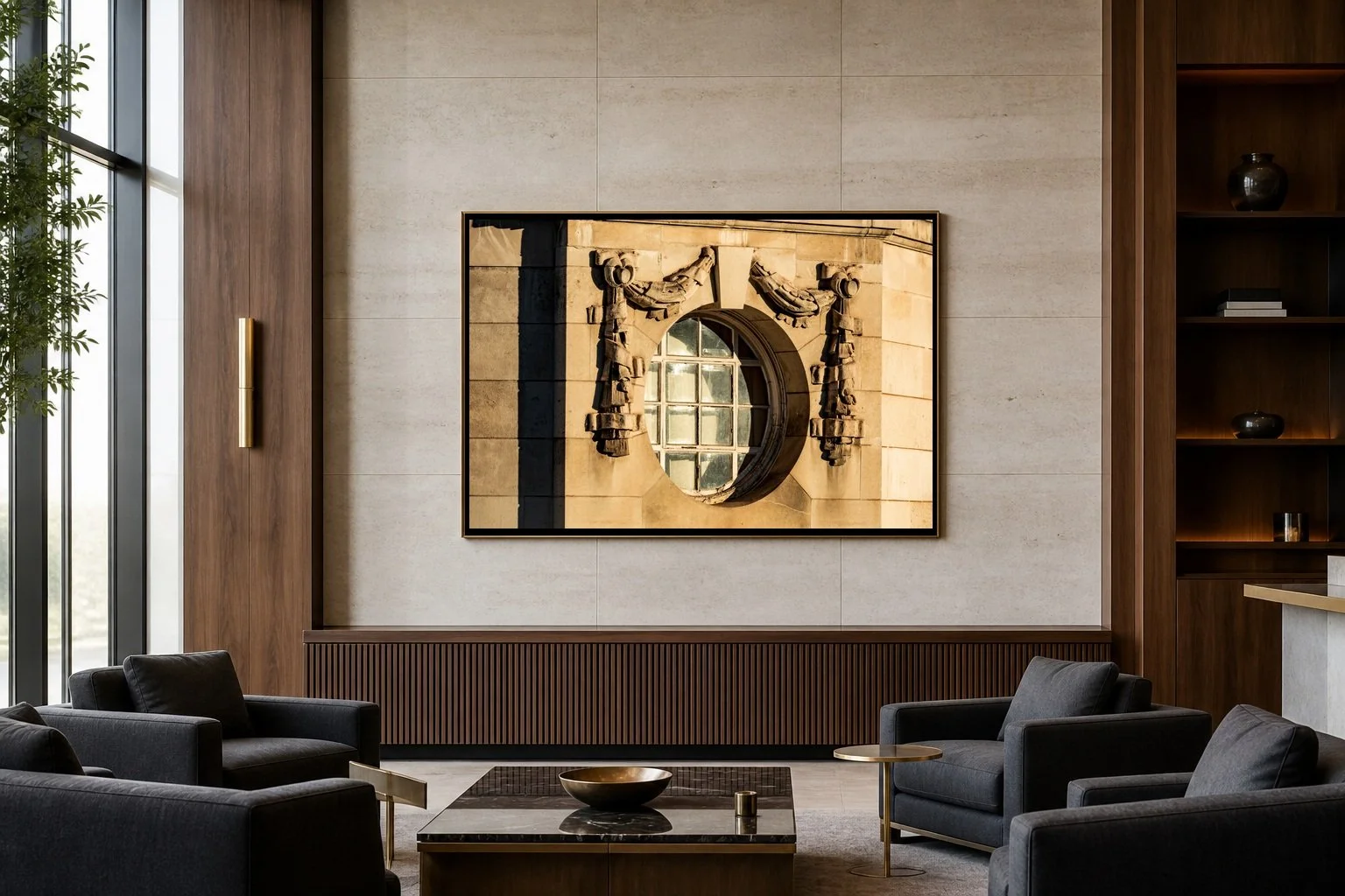 Framed By Time displayed in a thin black frame inside a contemporary stone-and-wood lounge