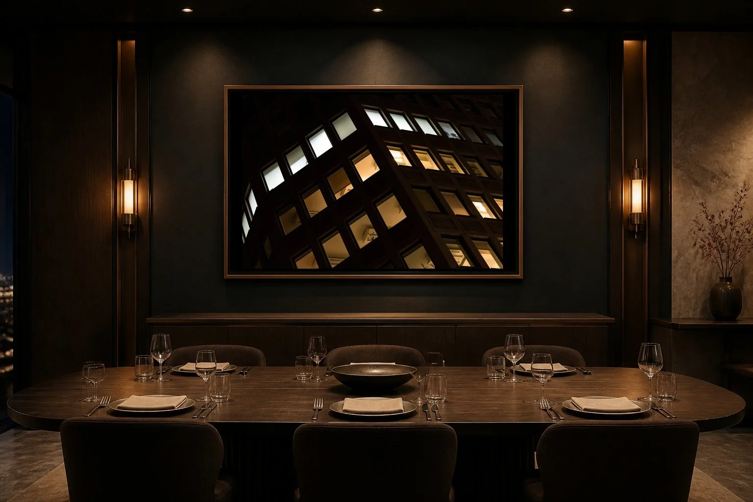 After Hours displayed in a dark wood frame inside a refined private dining room