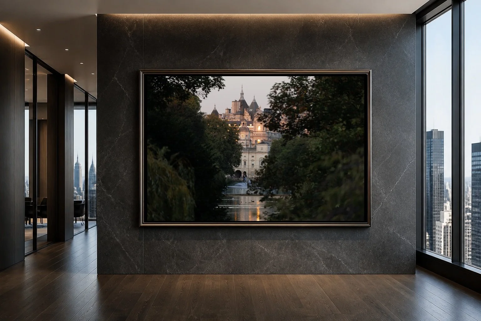 The Hidden Palace displayed as a large framed print in a contemporary high-rise gallery