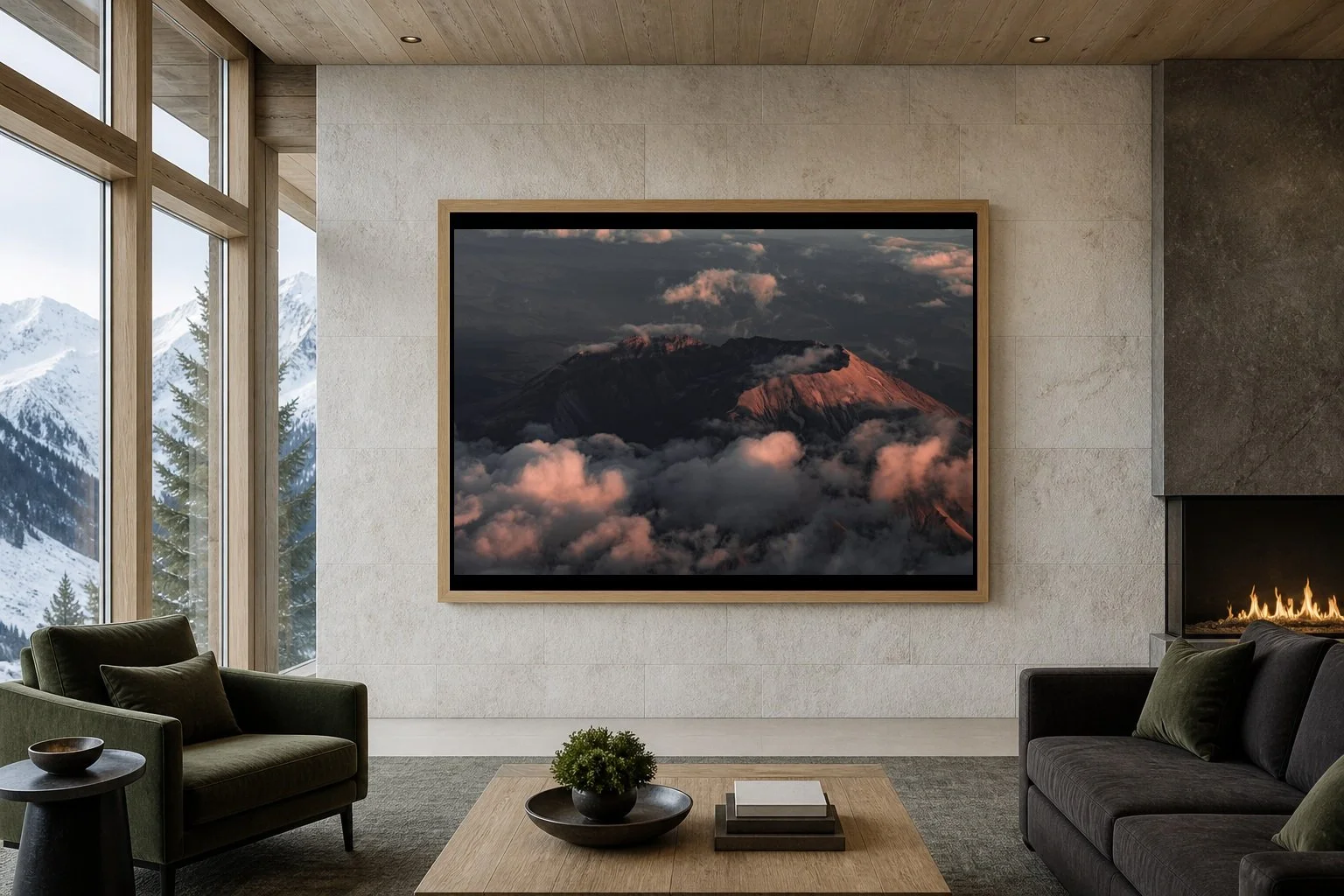 Last Light on Helen displayed in a wood frame inside a contemporary mountain residence