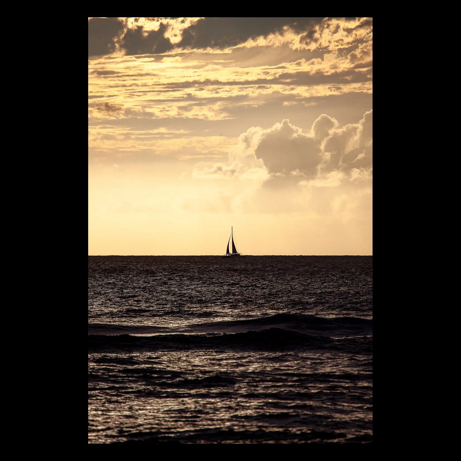 Full vertical presentation of Follow the Golden Passage, showing a small sailboat beneath golden clouds over dark ocean water.