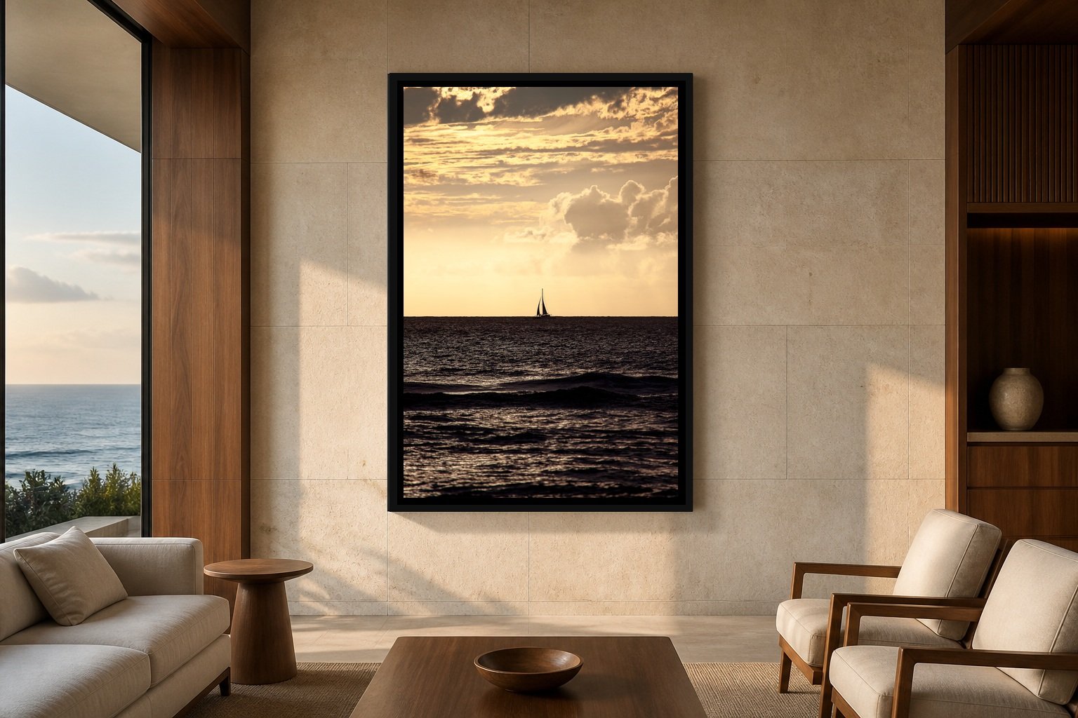 Follow the Golden Passage displayed in a black frame in a refined oceanfront hotel lounge.