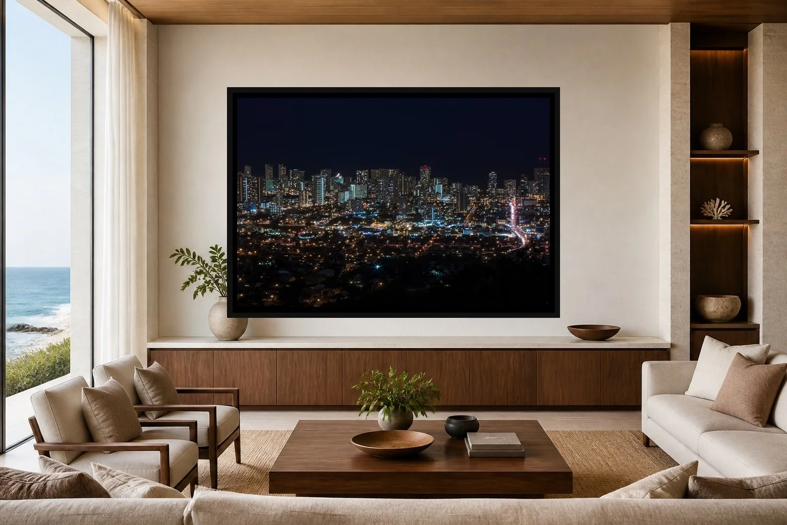 Electric Horizon displayed in a black frame within a refined oceanfront hotel lounge with pale limestone, walnut, cream linen, and a clear central wall