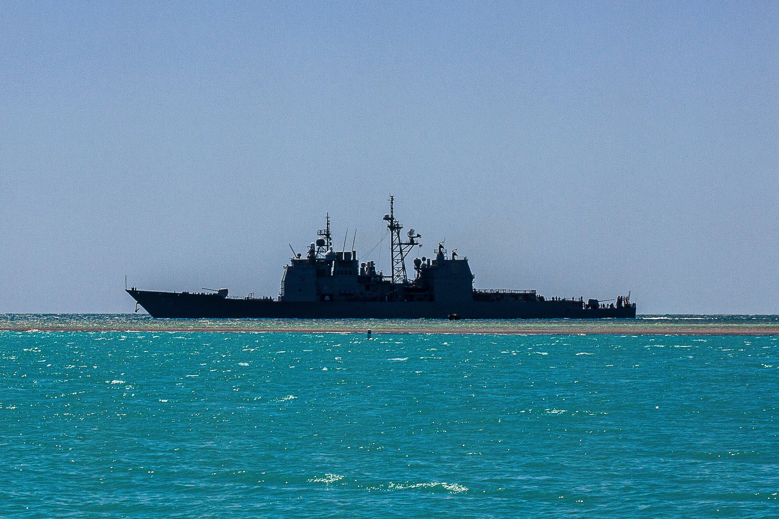 Detail crop from Pacific Sentinel, emphasizing small structures along the deck give scale to the broad horizontal silhouette