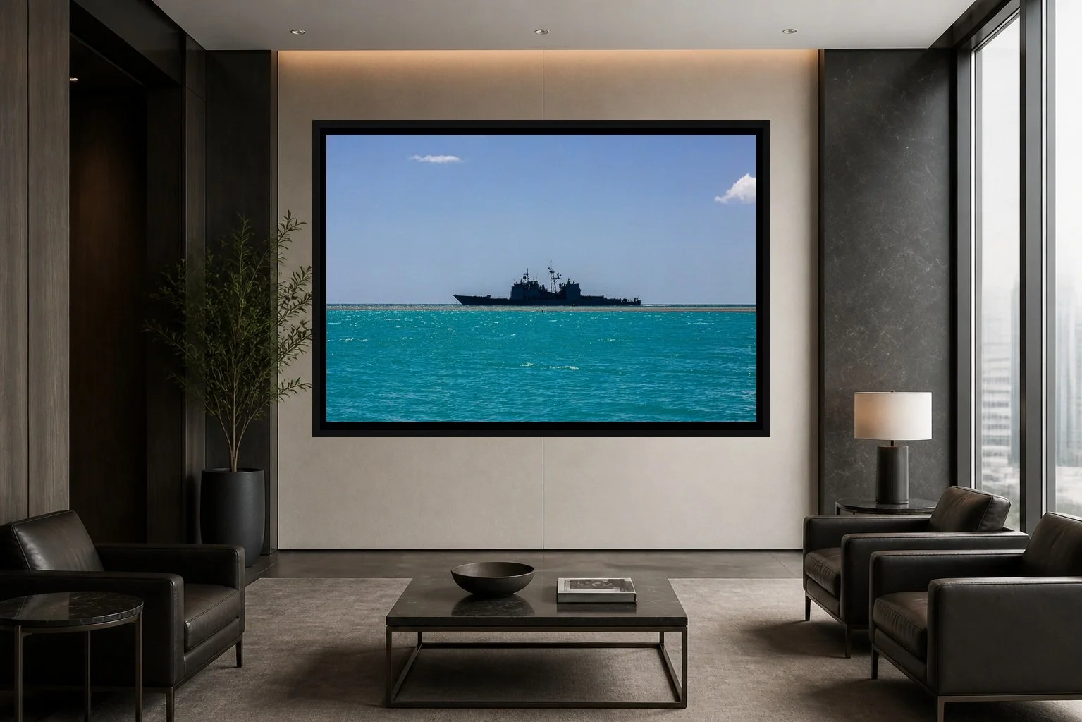 Pacific Sentinel displayed in a black frame within a high-rise executive waiting room with charcoal stone, smoked oak, restrained leather seating, and a clear central wall