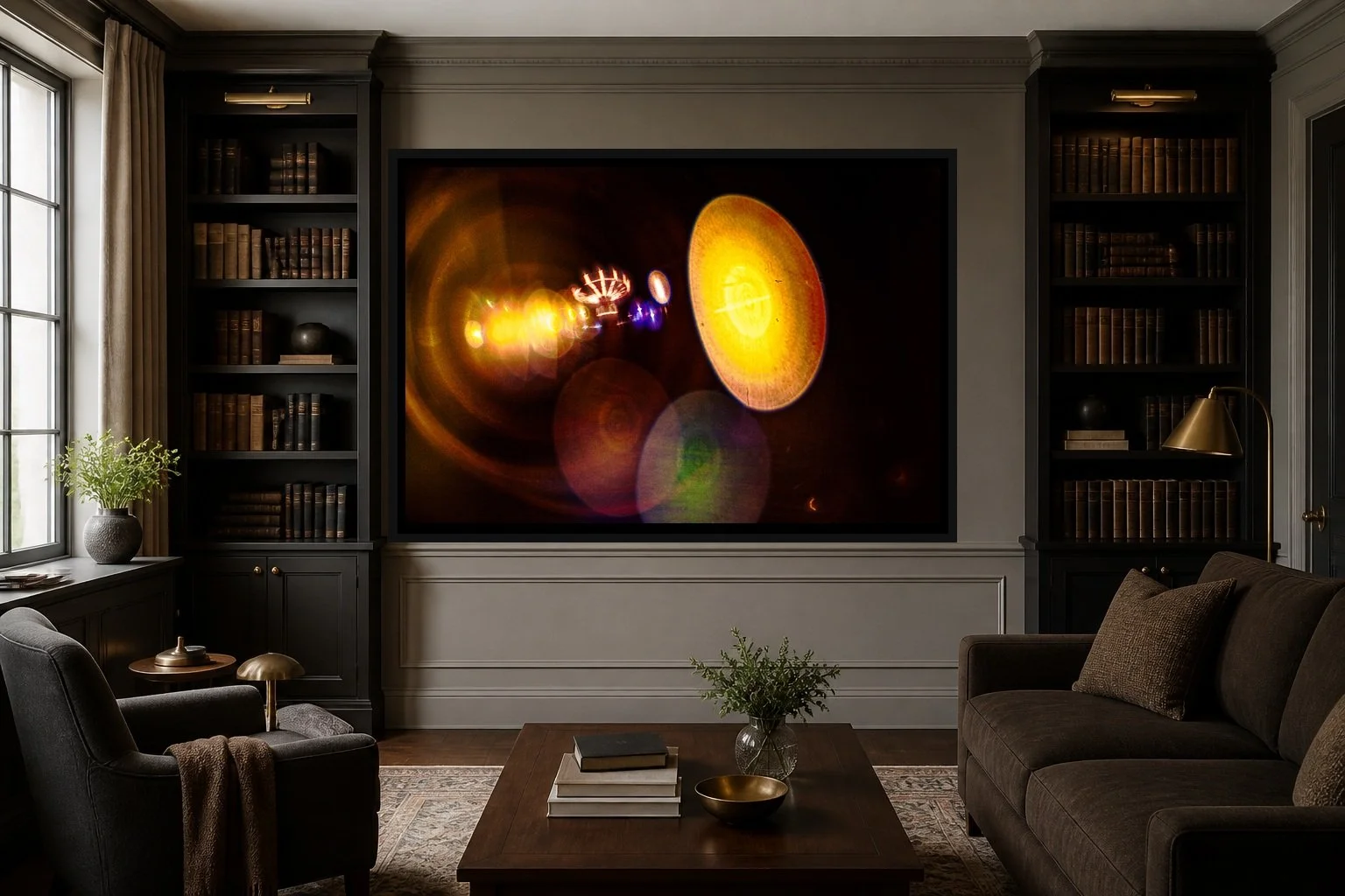 Midway Orbit displayed in a black frame within a quiet private library with dark shelving, warm brass, tailored wool seating, and a clear central wall
