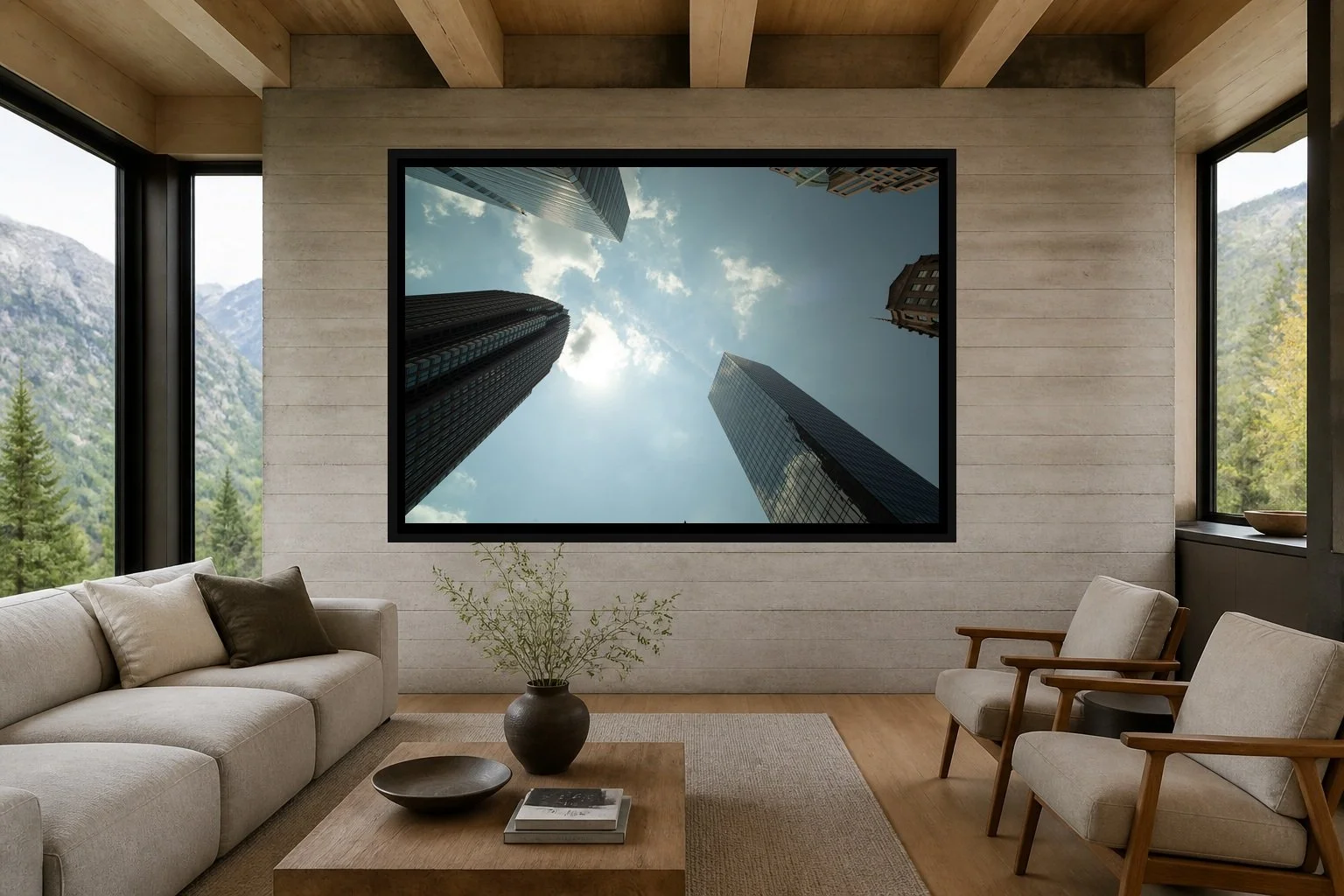 Vertical Weather displayed in a black frame within a contemporary mountain residence with board-formed concrete, oak, soft neutral upholstery, and a clear central wall