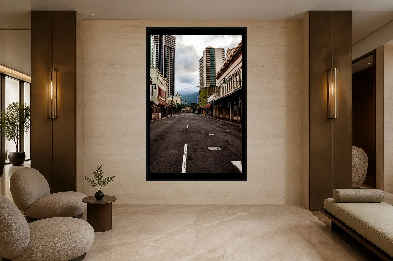 Empty Avenue displayed in a black frame within a five-star hotel corridor lounge with travertine, bronze, sculptural seating, and a clear central wall