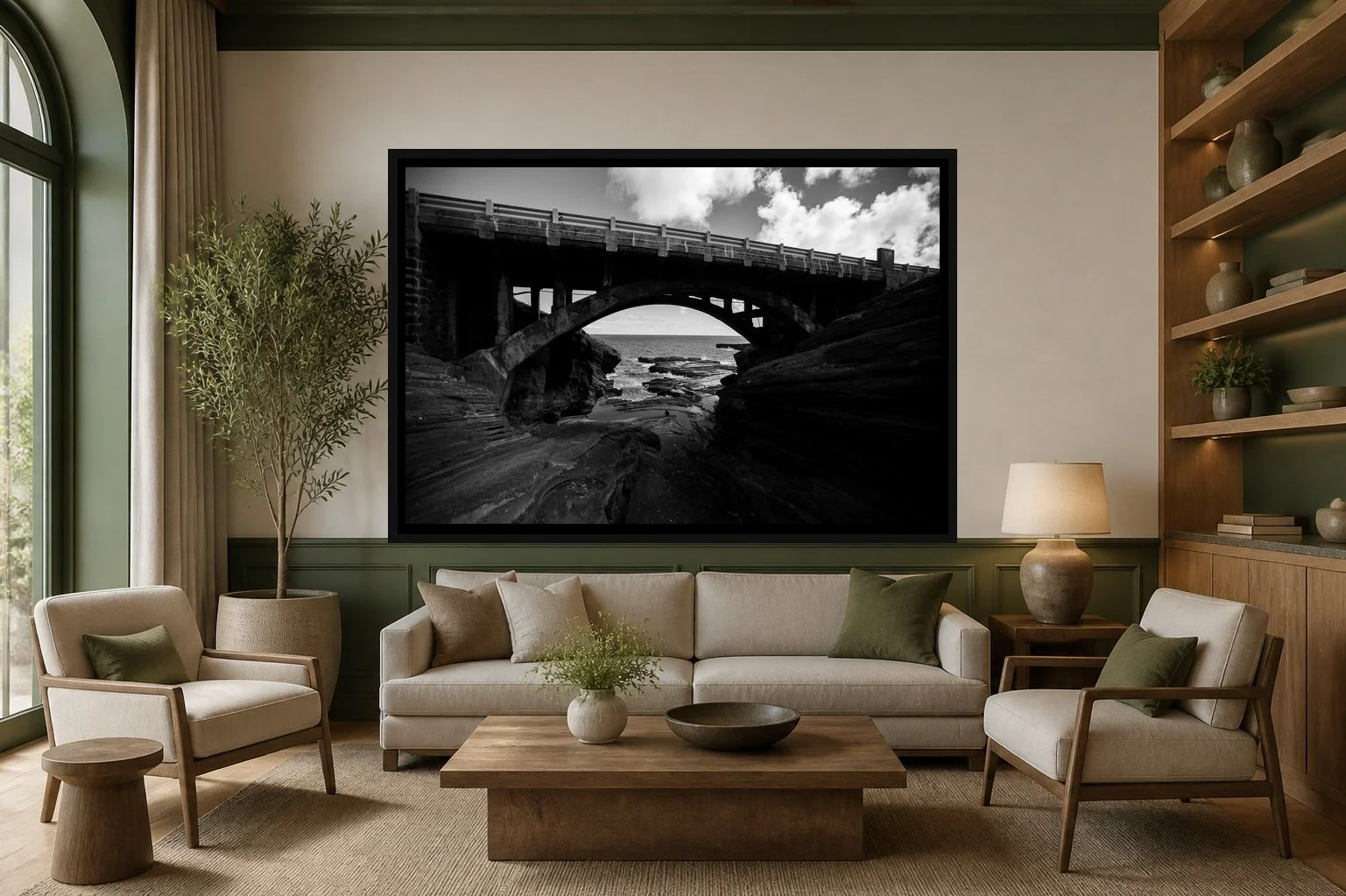 Concrete Tide displayed in a black frame within a boutique hotel salon with deep green accents, warm oak, linen seating, and a clear central wall