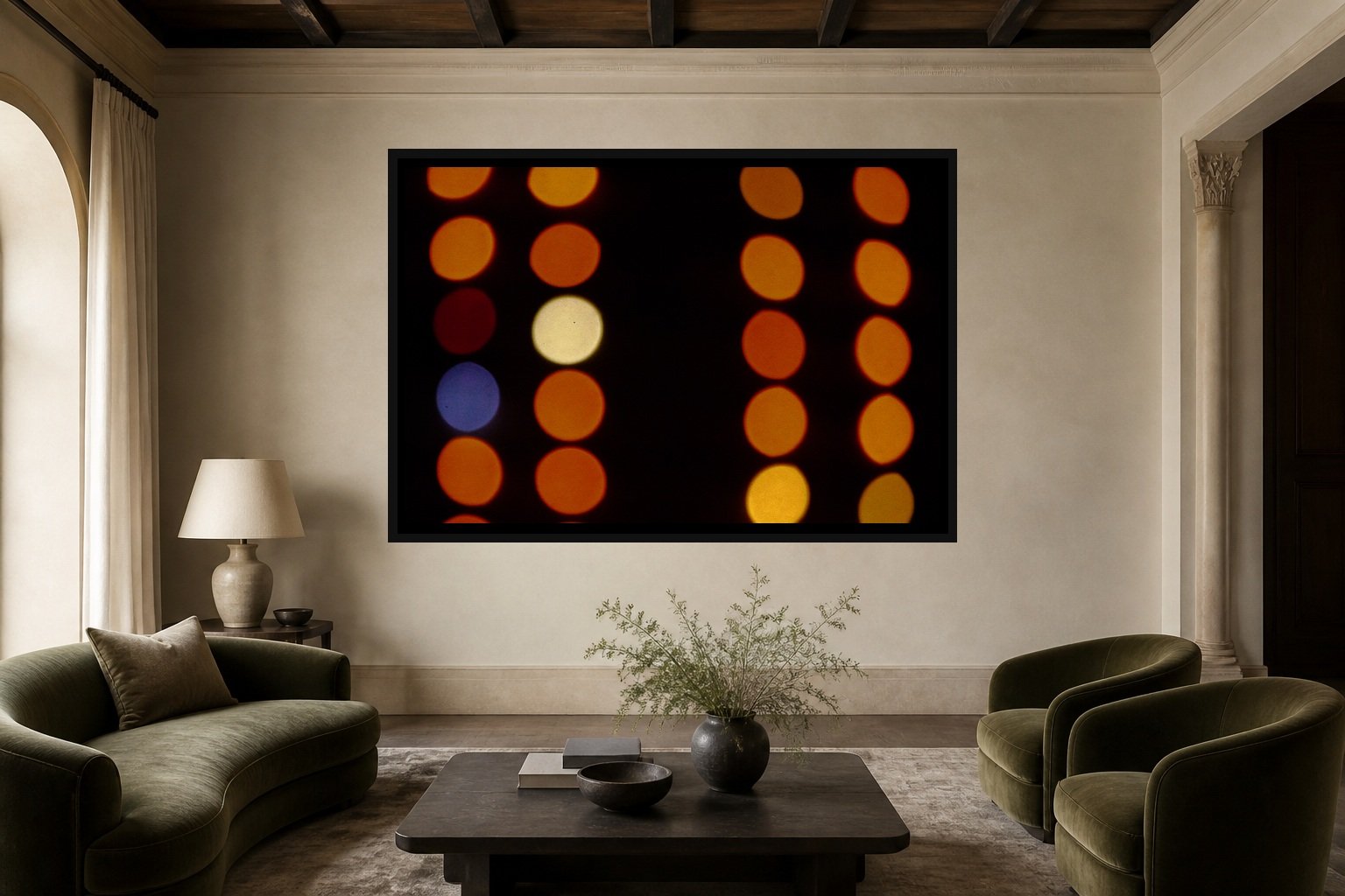 Signals at Night displayed in a black frame within a modern palazzo sitting room with lime plaster, dark timber, muted velvet, and a clear central wall