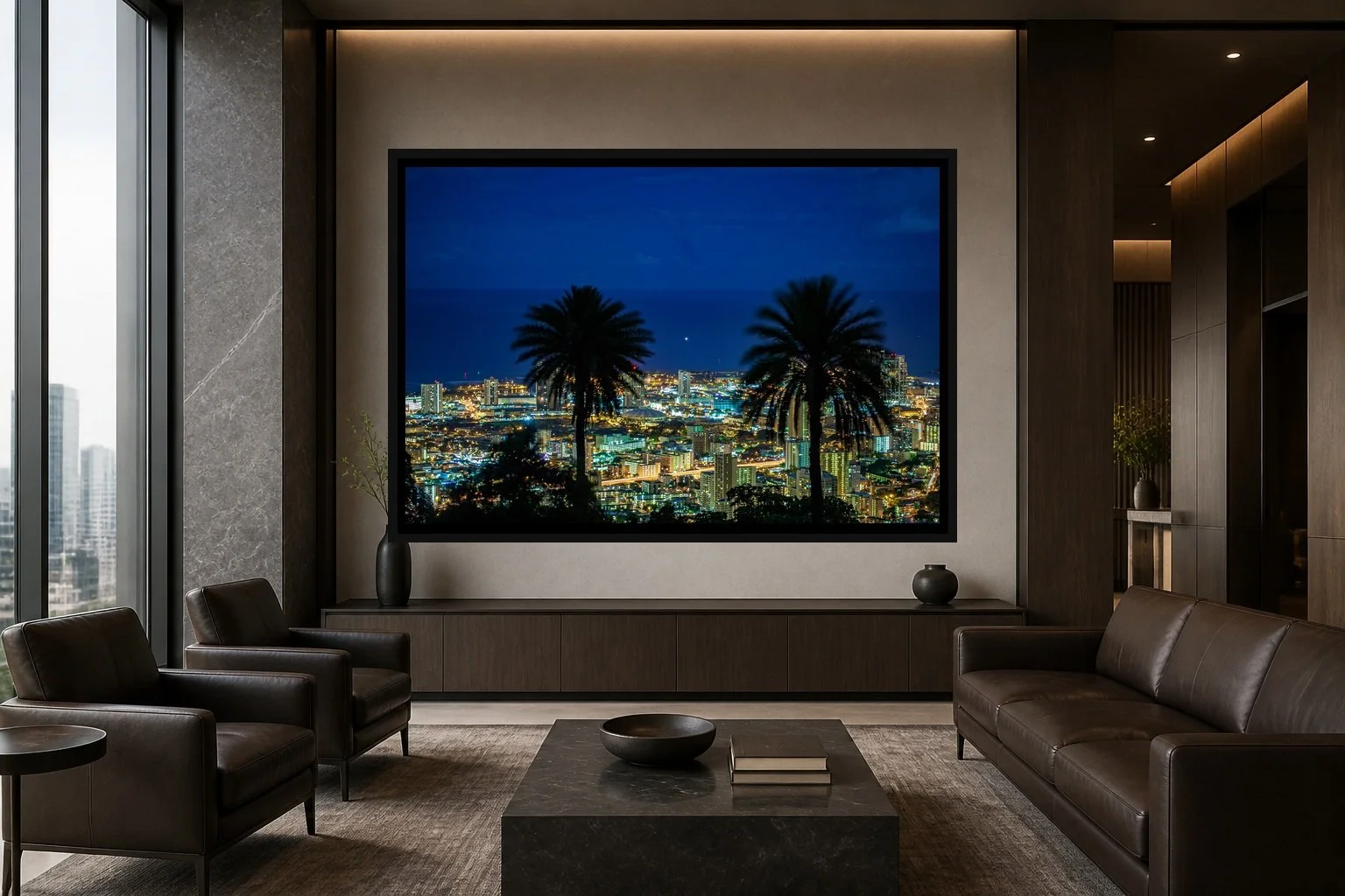 Between the Palms displayed in a black frame within a high-rise executive waiting room with charcoal stone, smoked oak, restrained leather seating, and a clear central wall