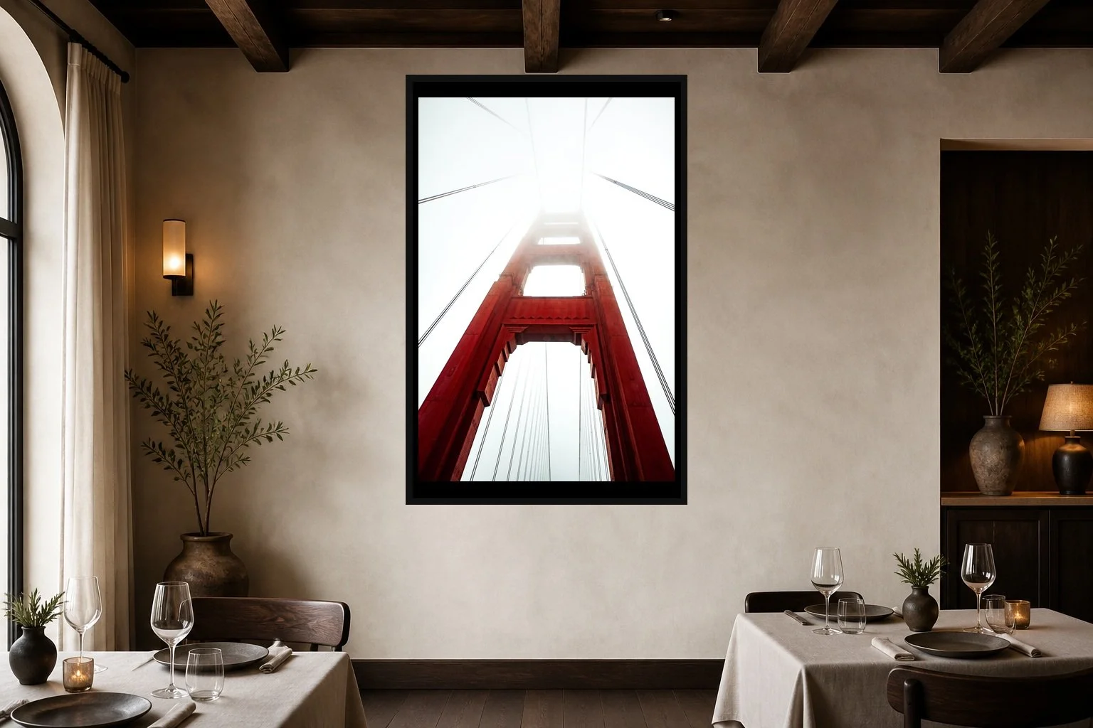 Red Span displayed in a black frame within an intimate fine-dining room with plaster walls, dark wood, linen tables, no guests, and a clear central wall