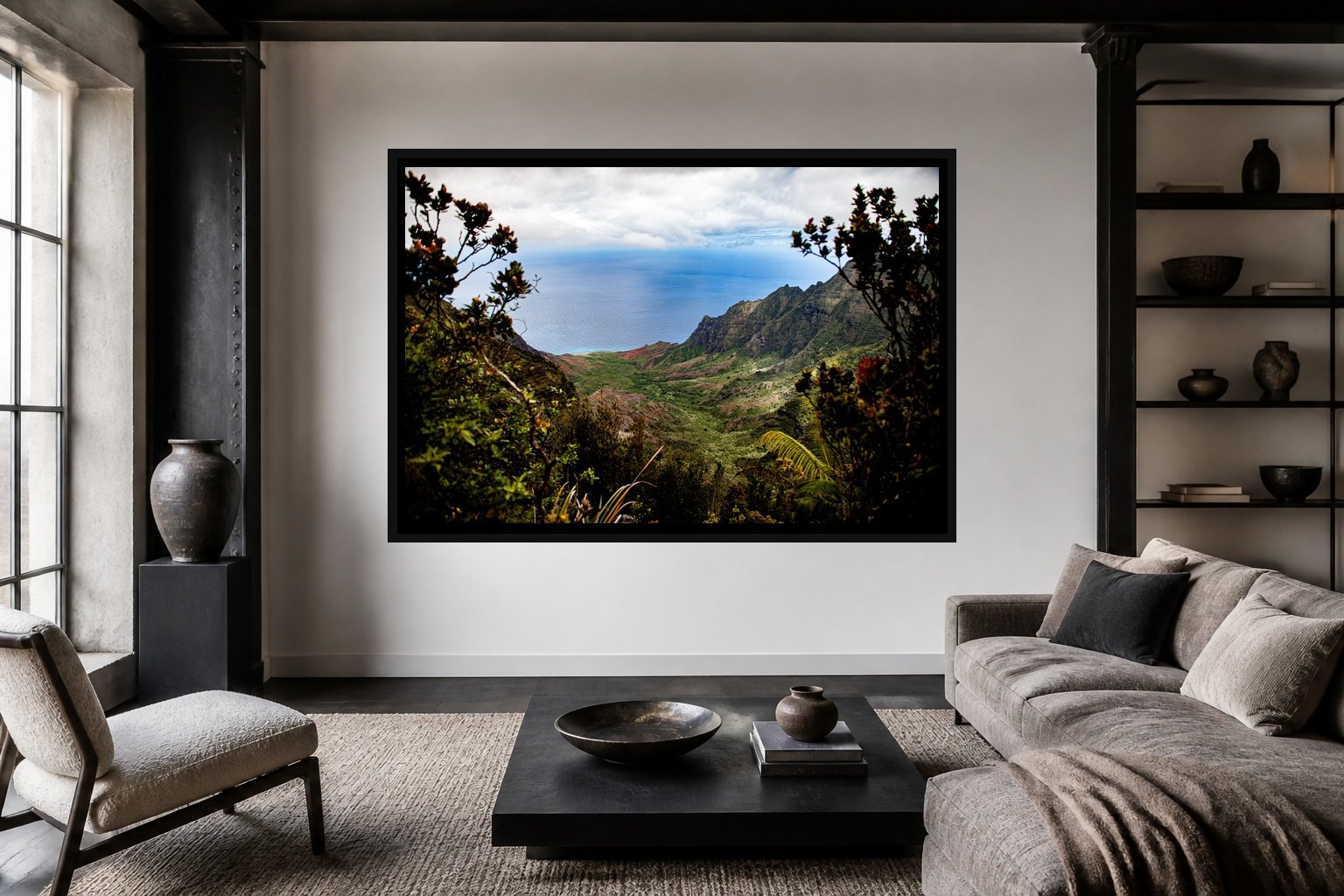 Valley to the Sea displayed in a black frame within a modern collector's loft with white plaster, blackened steel, textured fabrics, and a clear central wall