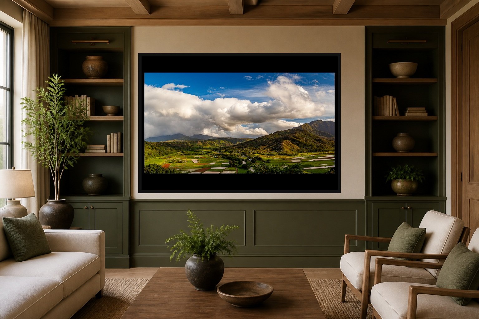 Weather Over the Fields displayed in a black frame within a boutique hotel salon with deep green accents, warm oak, linen seating, and a clear central wall