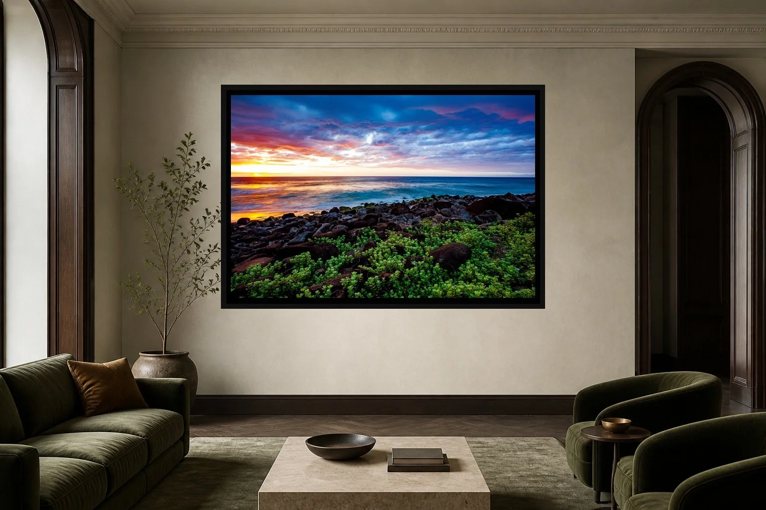 Edge of Color displayed in a black frame within a modern palazzo sitting room with lime plaster, dark timber, muted velvet, and a clear central wall