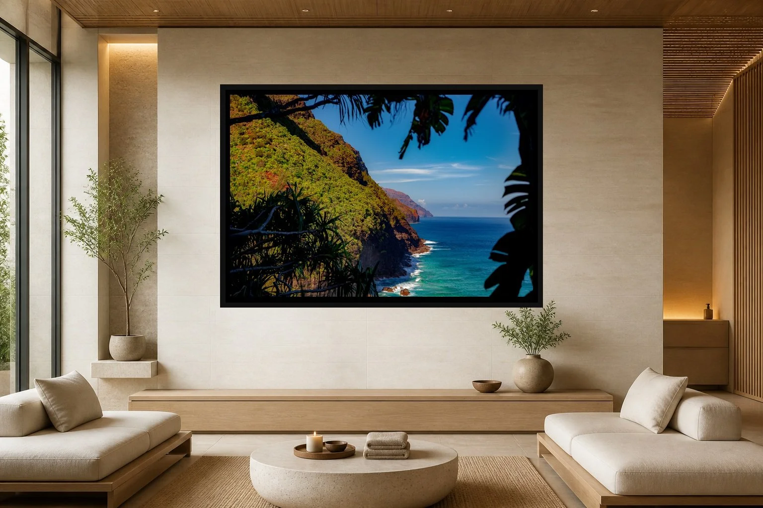 Framed Coast displayed in a black frame within a luxury spa lounge with limestone, light ash wood, low cream seating, and a clear central wall