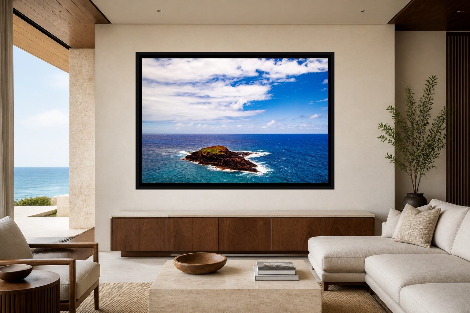 Offshore Geometry displayed in a black frame within a refined oceanfront hotel lounge with pale limestone, walnut, cream linen, and a clear central wall