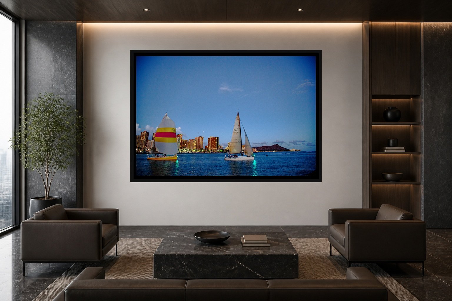 Two Sails, One City displayed in a black frame within a high-rise executive waiting room with charcoal stone, smoked oak, restrained leather seating, and a clear central wall