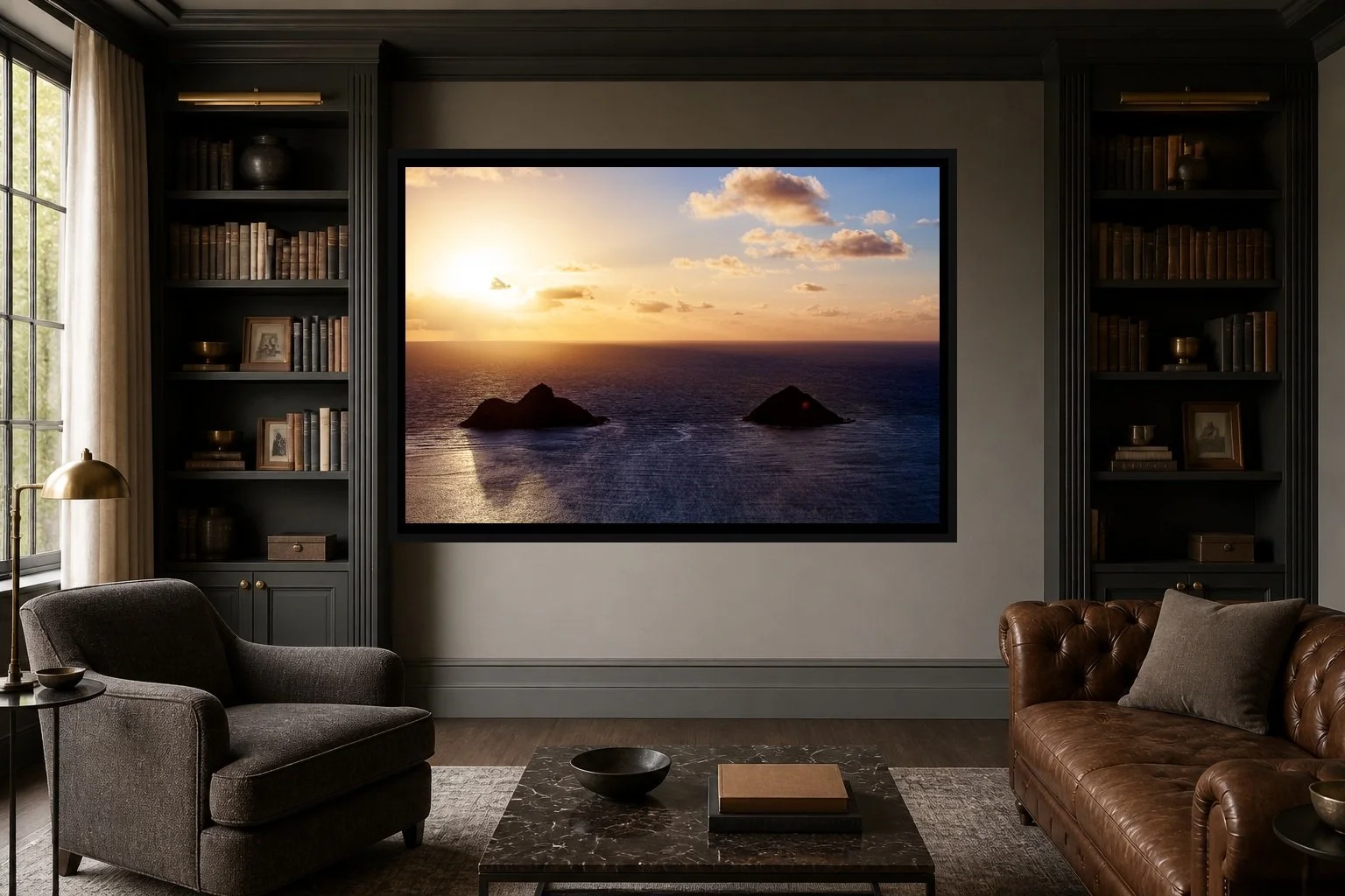 Twin Islands at Dusk displayed in a black frame within a quiet private library with dark shelving, warm brass, tailored wool seating, and a clear central wall