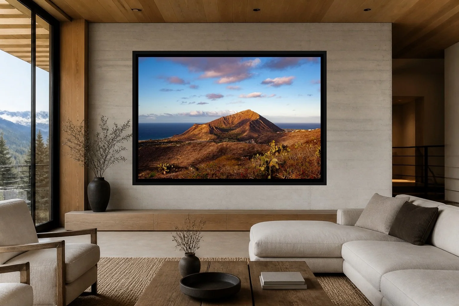 Crater in Morning Light displayed in a black frame within a contemporary mountain residence with board-formed concrete, oak, soft neutral upholstery, and a clear central wall