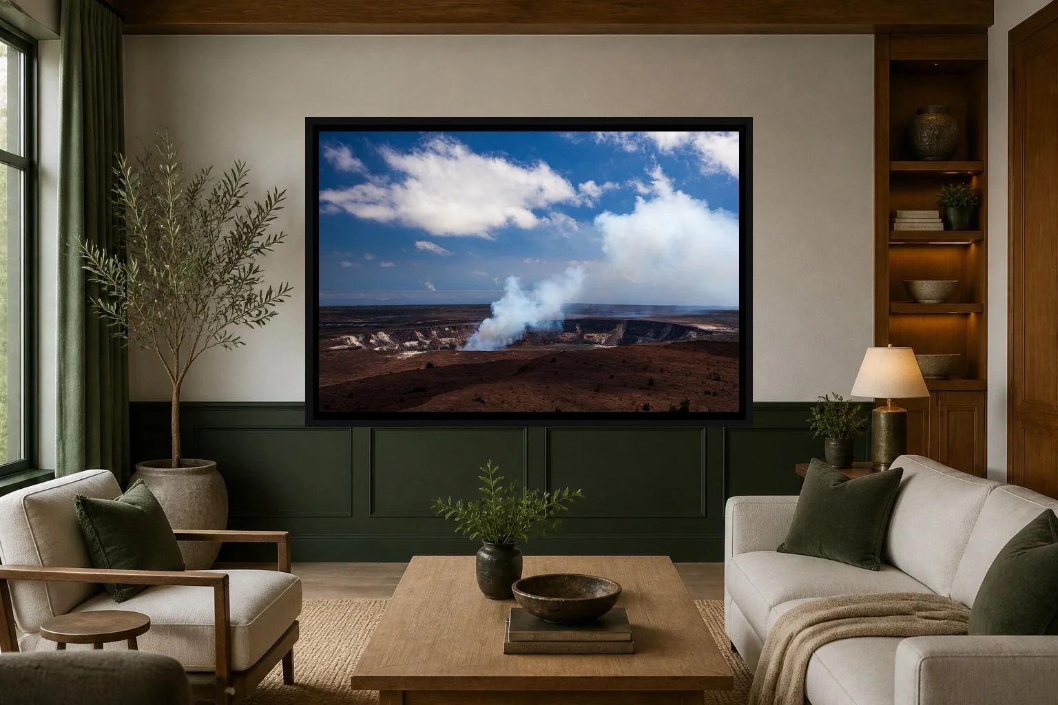 Earth Breathing displayed in a black frame within a boutique hotel salon with deep green accents, warm oak, linen seating, and a clear central wall